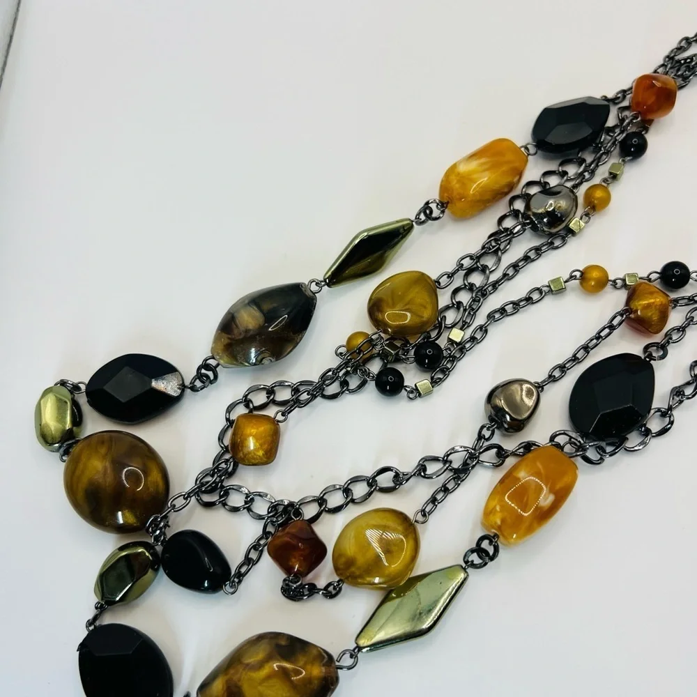 Statement Multi Strand Necklace Amber Brown Black Beads Gunmetal Chain NY Tag